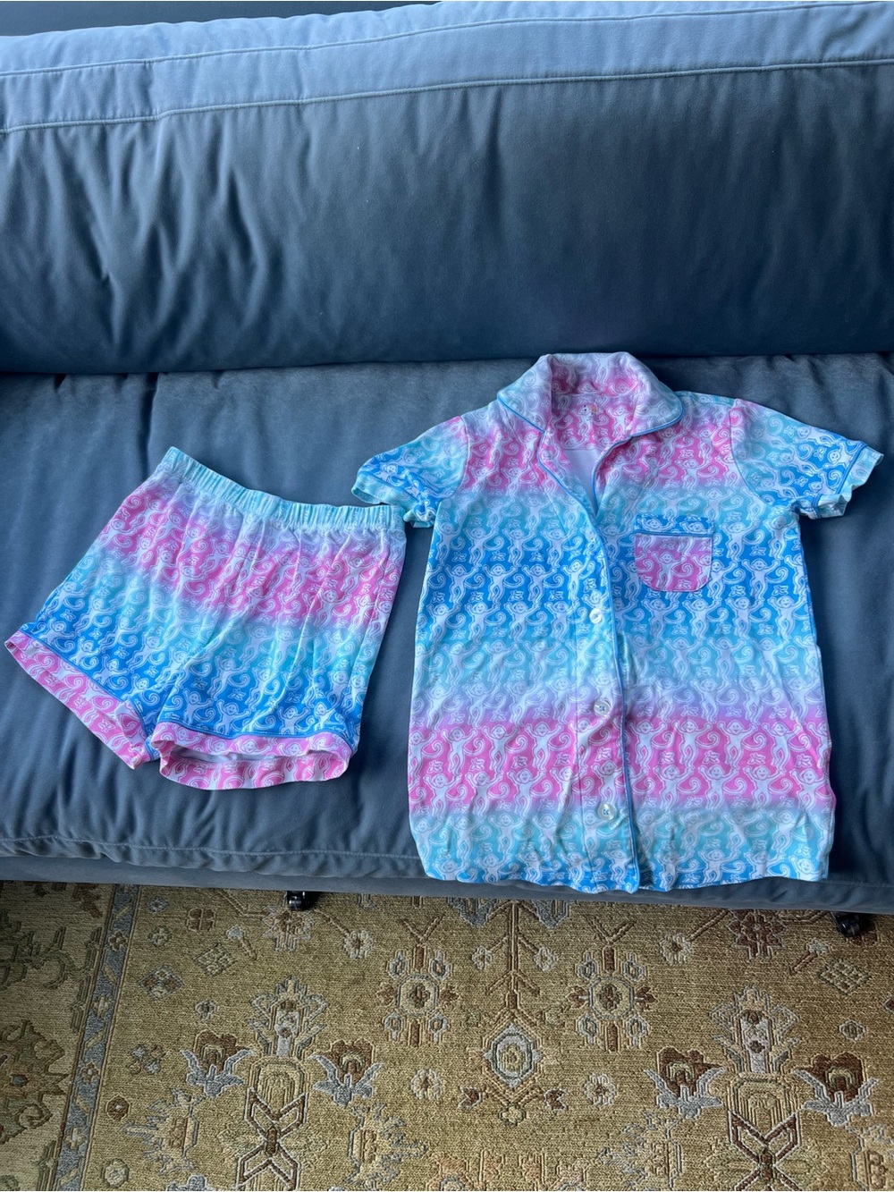Roller Rabbit Monkey Pajama Set – XS – Pink Blue Ombré – Shorts Set